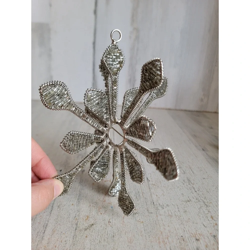 Vintage large beaded silver snowflake ornament Xmas unique 3D home decor